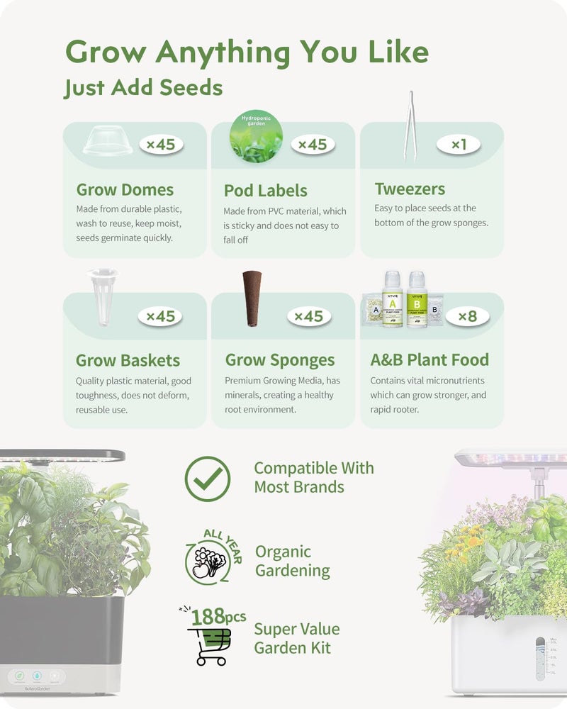 URUQ 188Pcs Hydroponic Pods Supplies: Grow Anything Kit with 45 Grow Sponges, 45 Grow Baskets, 45 Grow Domes, 45 Pod Labels, 8 A&B Plant Food - Compatible Hydroponics Growing System Most Brands - Image 3